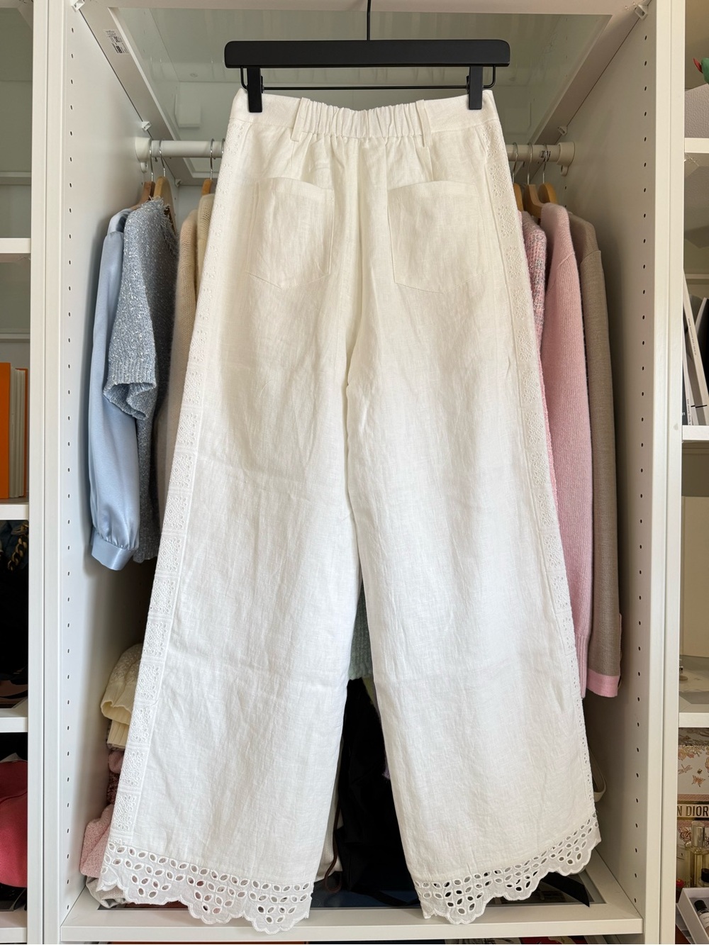 Petite Studio White Linen Wide-Leg Pants with Eyelet Trim - Picture 4 of 9